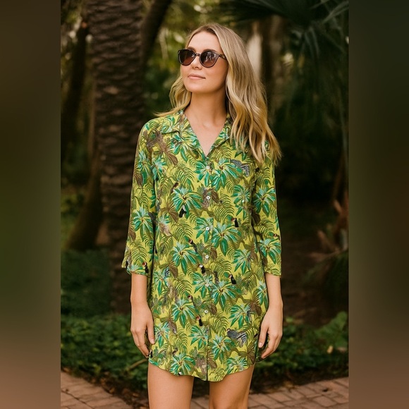 Jane + Delancey Safari Jungle Tropical Lightweight Long Button Front Tunic Top - Picture 1 of 11